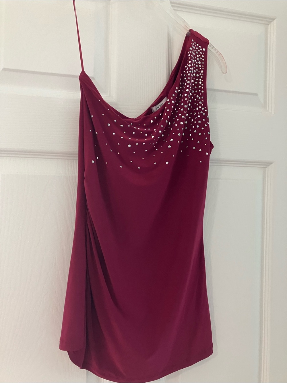 Cache Burgundy One-Shoulder with Crystal Accents. Vintage Y2K. Going out top.
